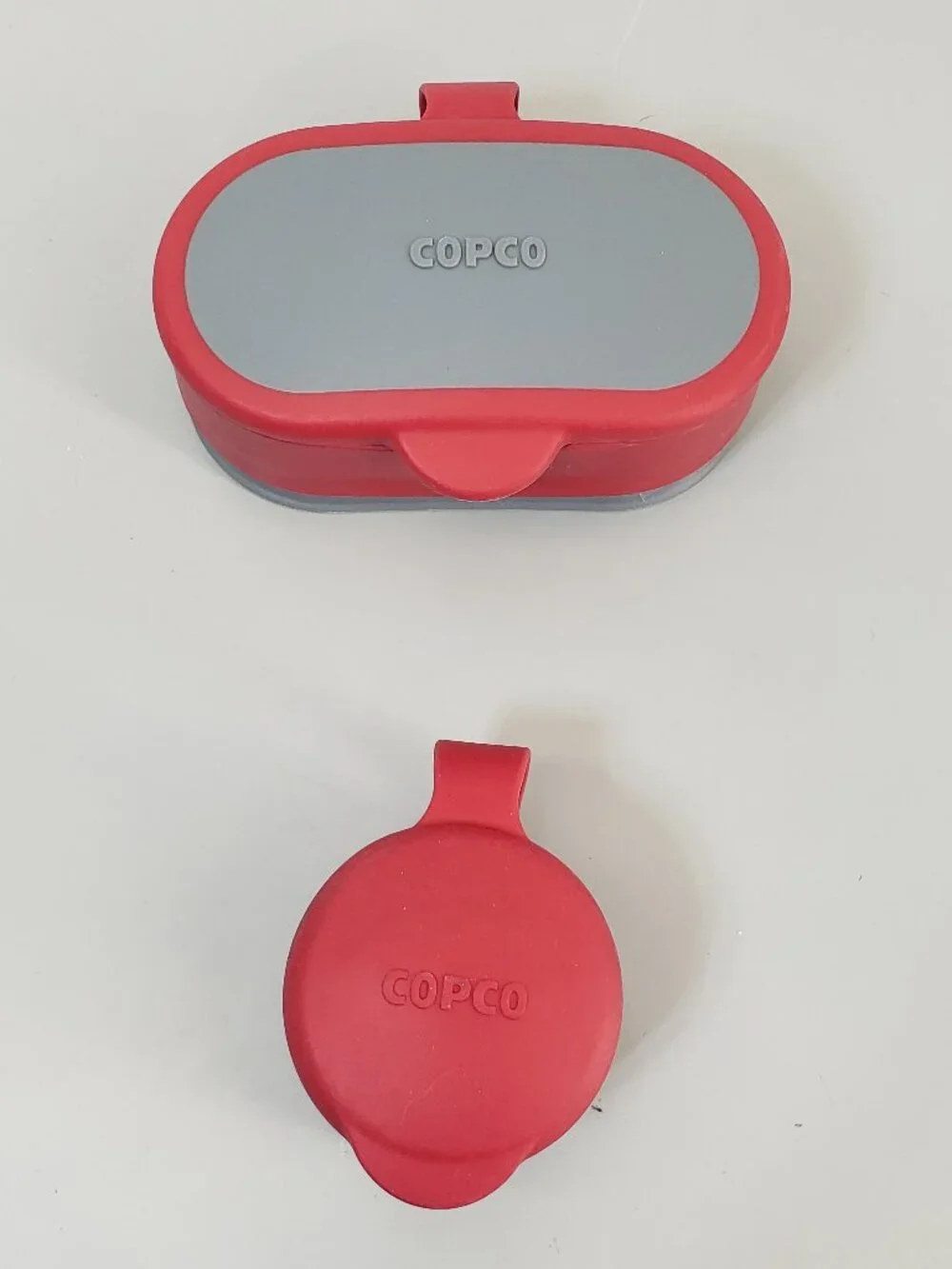 Lot of 2 Copco Bag Cap Reusable Snap Lid Bag Top - 1 large, 1 small - Red Gray